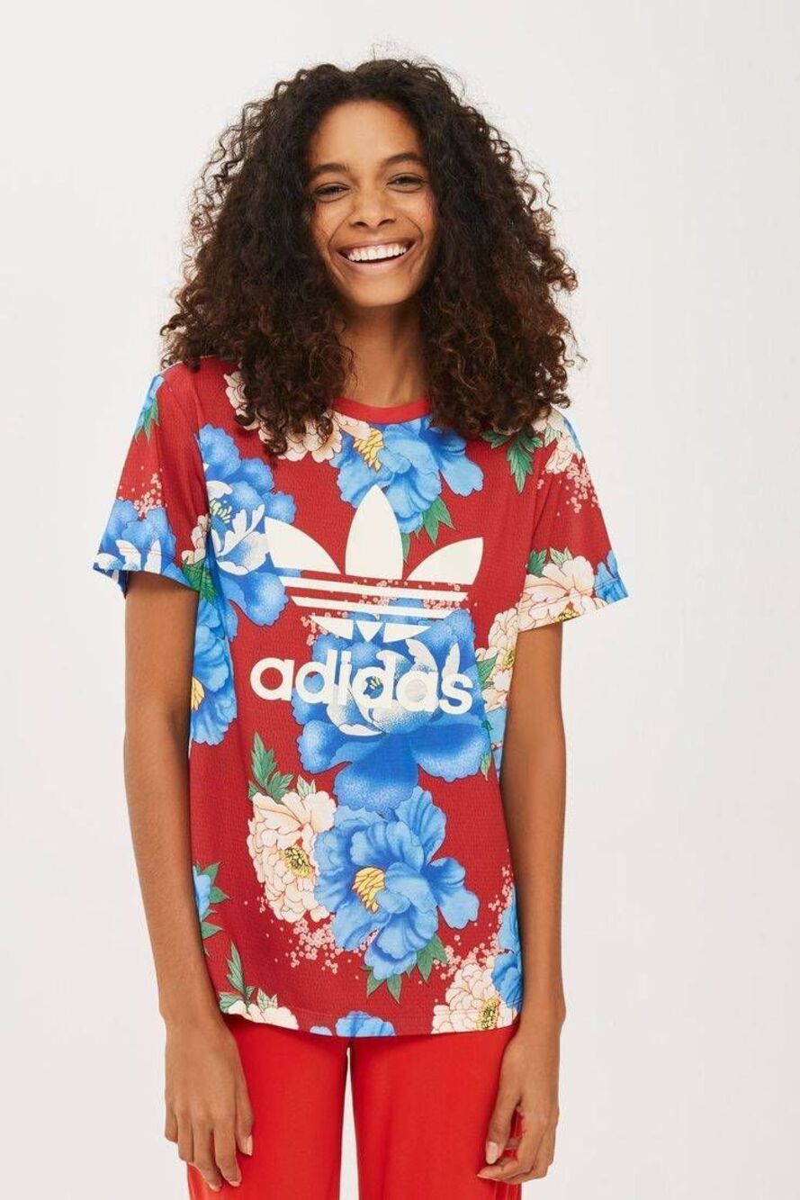 Adidas x Farm Rio Chita Red Floral Boyfriend Tee Large Athleisure Collab Boho Gy